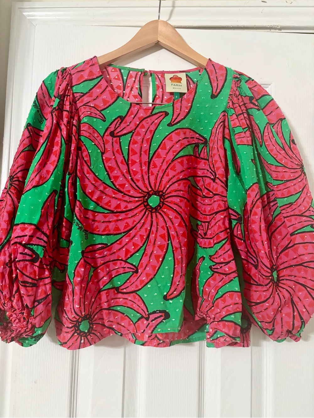 FARM Rio Banana Pitta Pink Green Floral Puff Sleeve Blouse Size Small - Picture 3 of 9